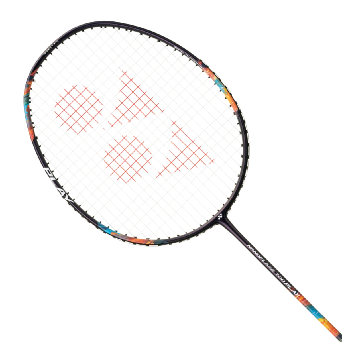 Badminton racket with a colorful frame and white strings on a white background