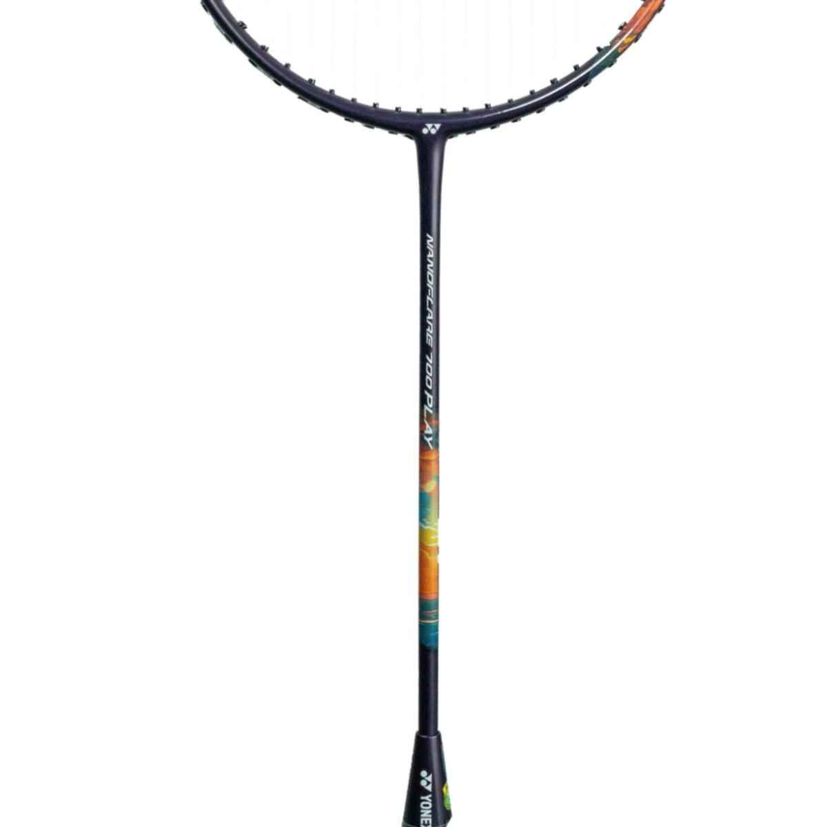 Badminton racket with a colorful handle on a white background
