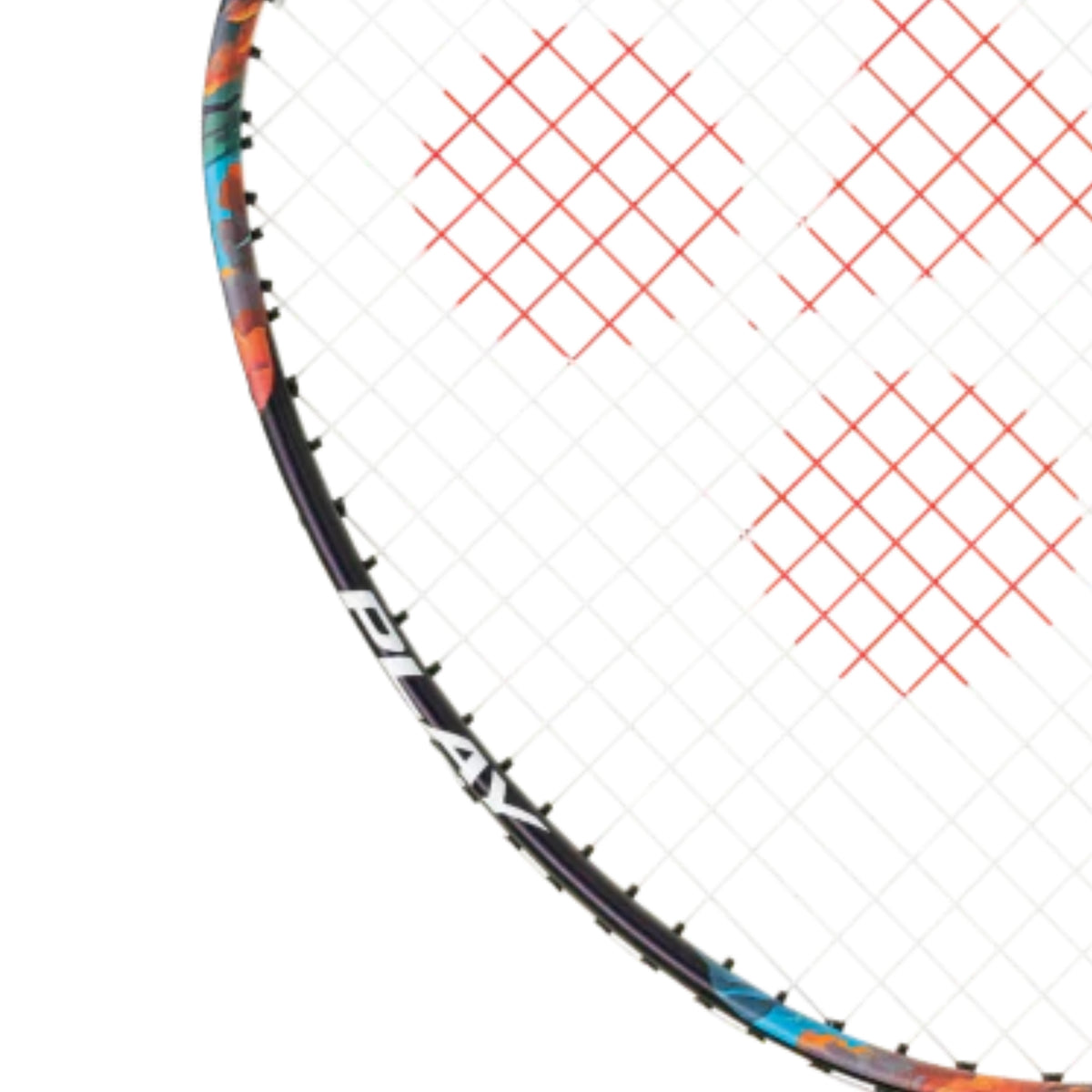 Close-up of a badminton racket with a colorful frame and white strings against a white background.