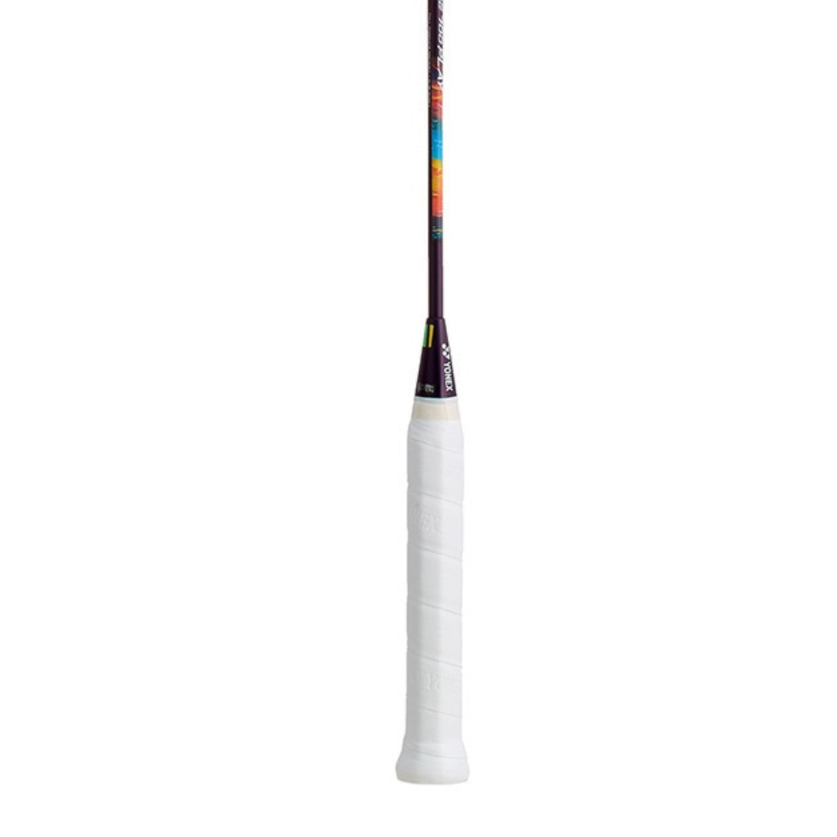 Badminton racket handle with a white strap on a white background