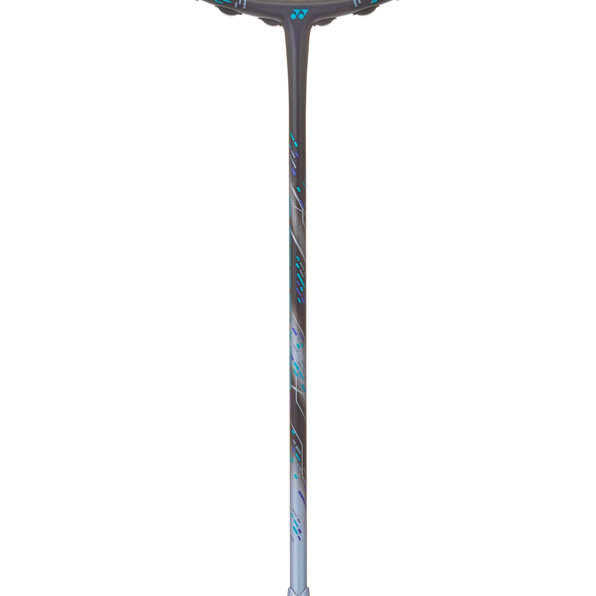 Badminton racket with a black and blue design on a white background