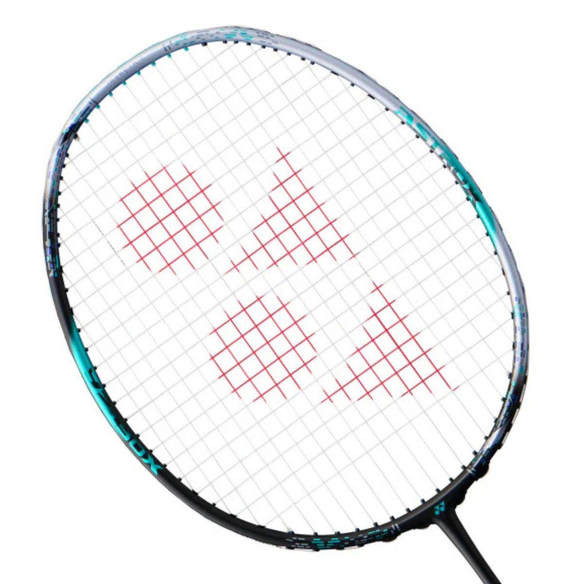 Close-up of a badminton racket with a white strings background