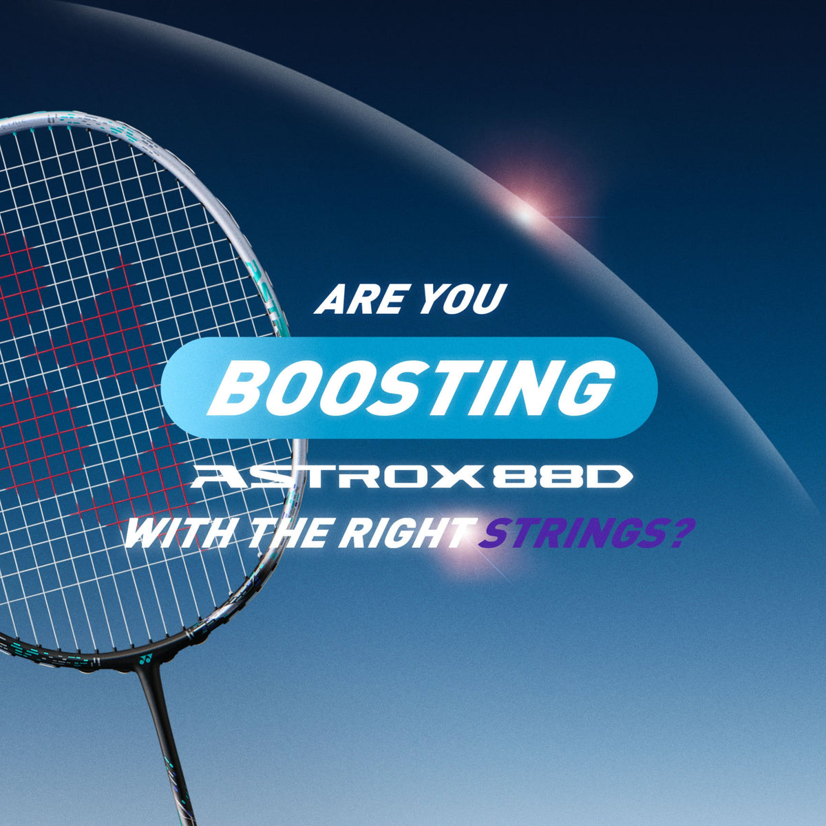Badminton racket with promotional text about Astrox 88D strings on a blue background