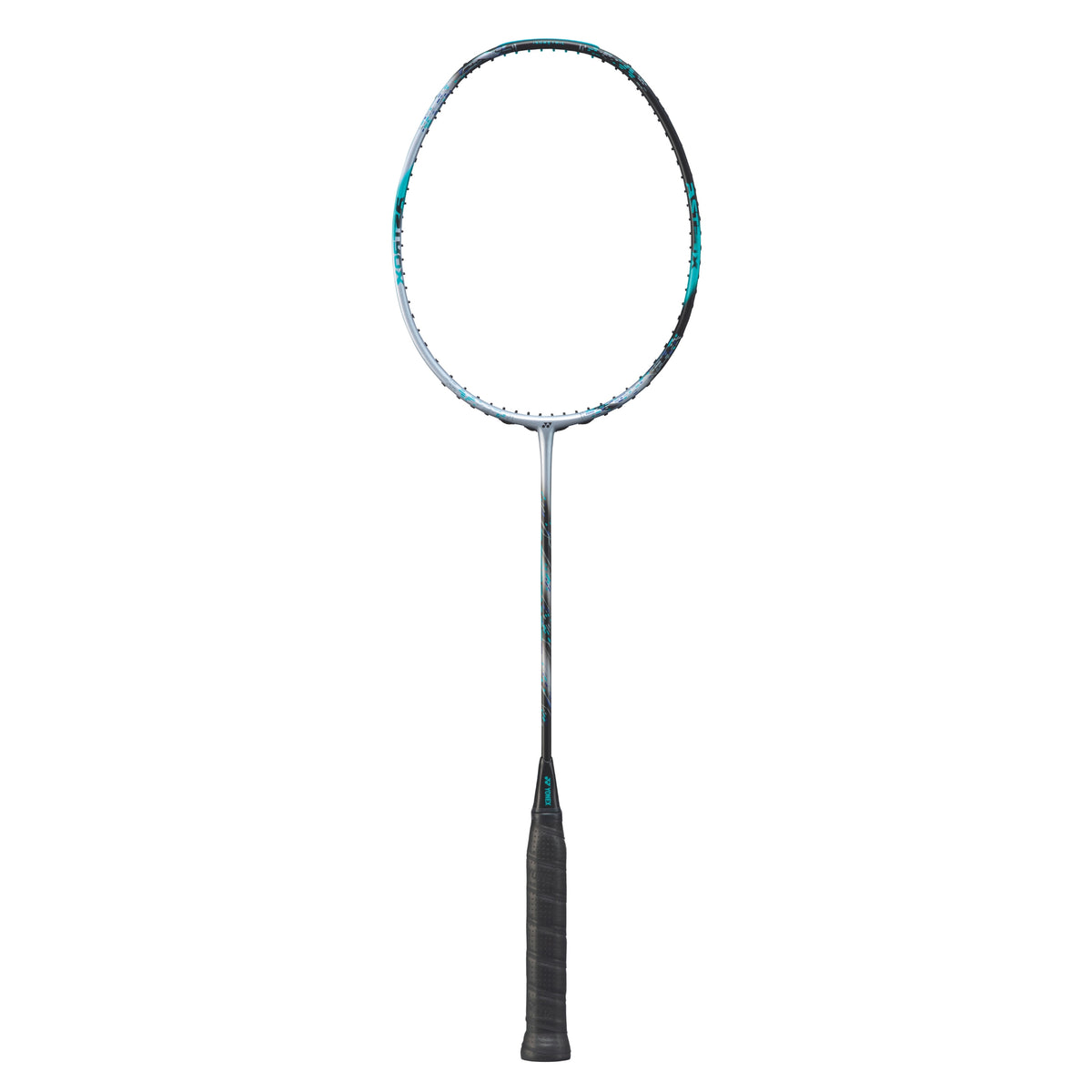 Badminton racket with a blue and black design on a white background