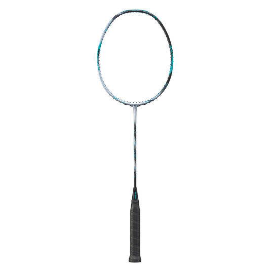 Badminton racket with a blue and black design on a white background
