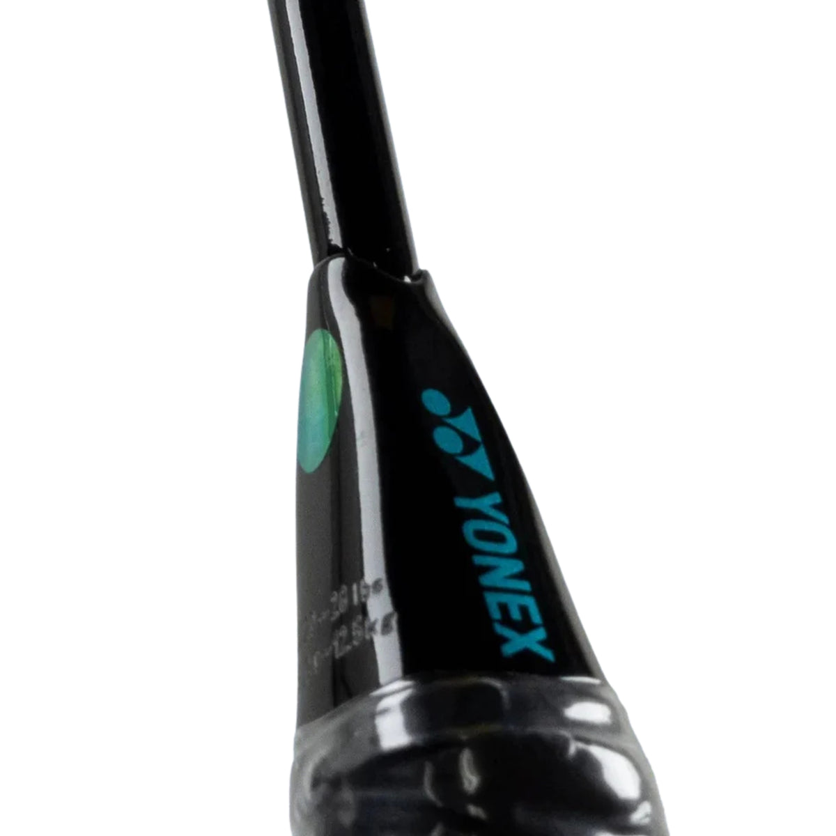 Close-up of a Yonex badminton racket handle on a white background