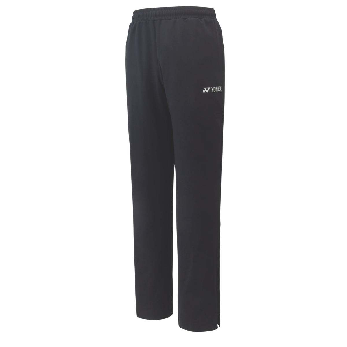 Black tracksuit pants with a brand logo on a white background