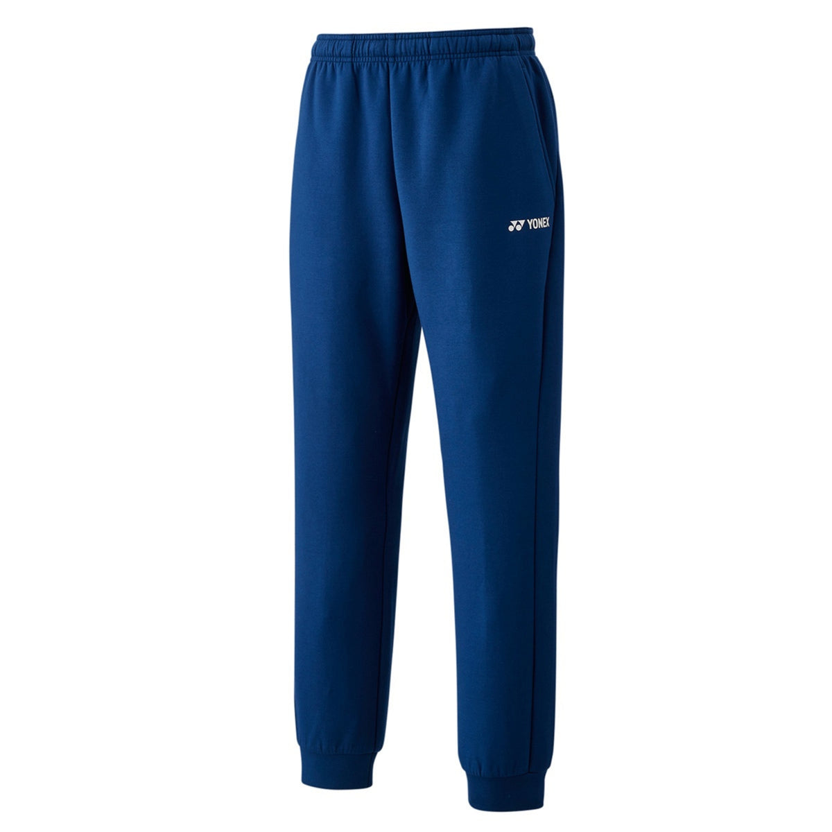 Blue sweatpants with a logo on a white background
