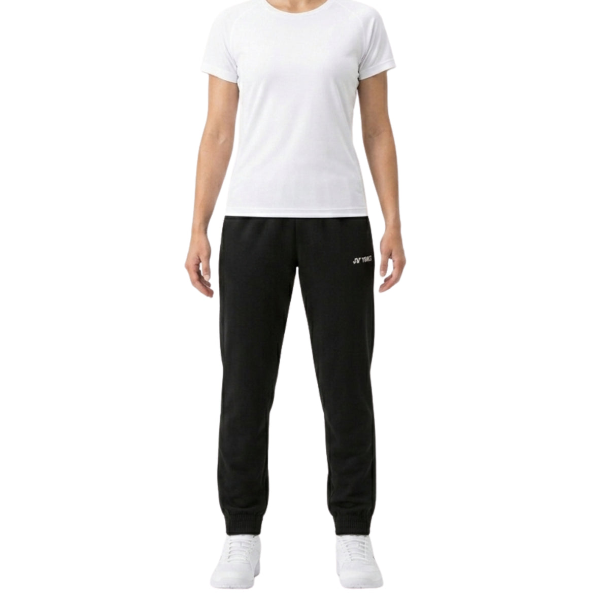 Person wearing a white t-shirt and black sweatpants on a white background