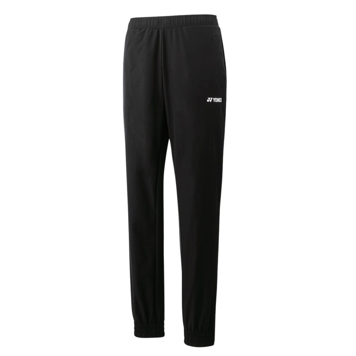 Black pants with a brand logo on a white background