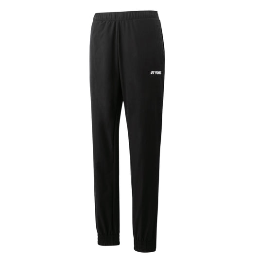 Black pants with a brand logo on a white background