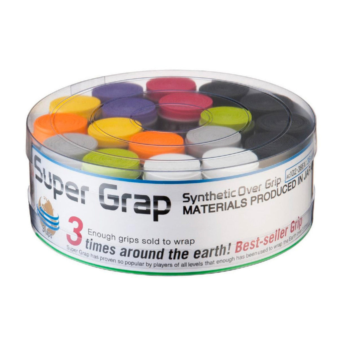 Super Grap synthetic overgrip container with colorful overgrips on a white background