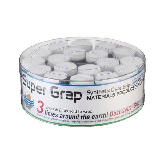 Super Grap synthetic overgrip packaging with white overgrips inside on a white background
