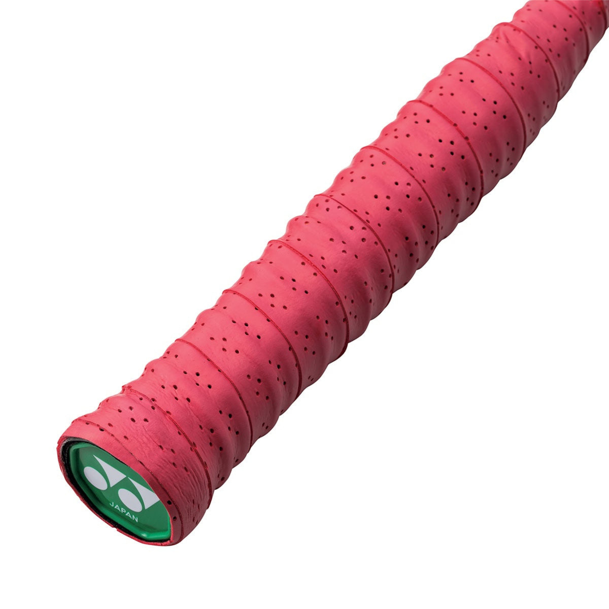 Red tennis racket grip with a brand logo on a white background