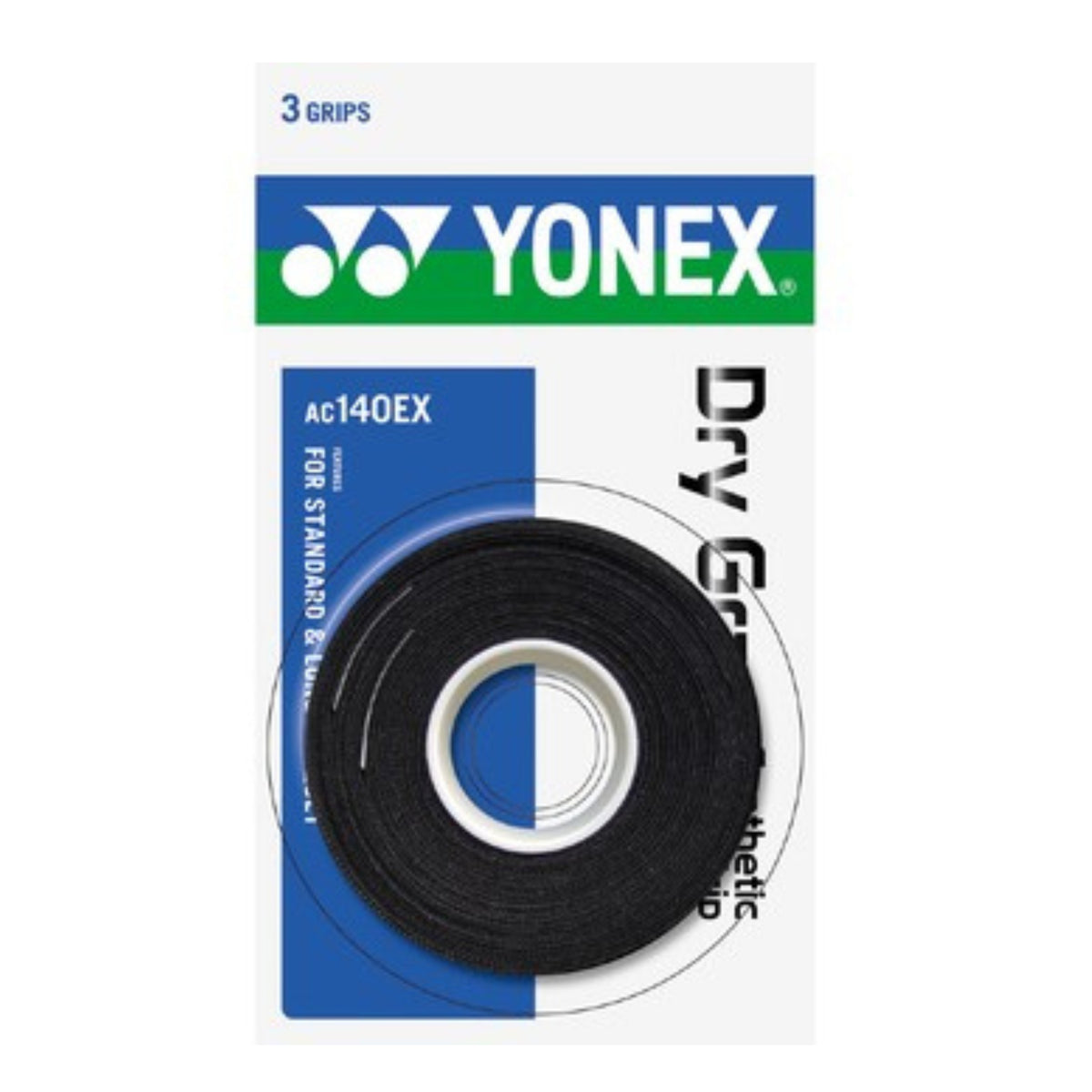 Yonex tennis grip tape packaging with black tape and blue label on a white background