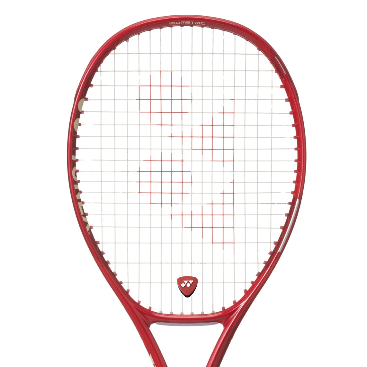 Yonex tennis racket with a red dampener stopper on a white background