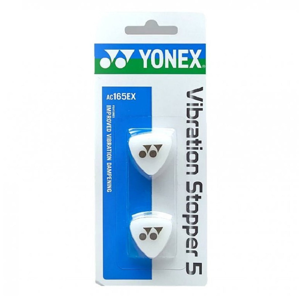 Yonex vibration stopper packaging with two white vibration dampeners on a white background
