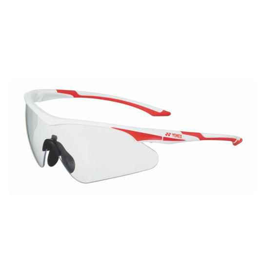 White and red glasses with a clear lens on a white background