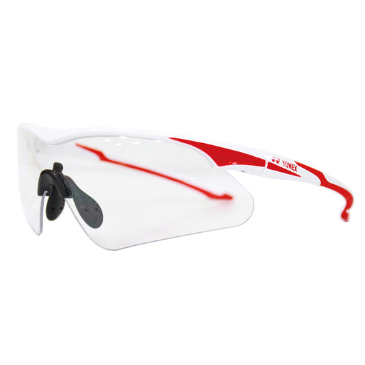White and red glasses with a black strap on a white background