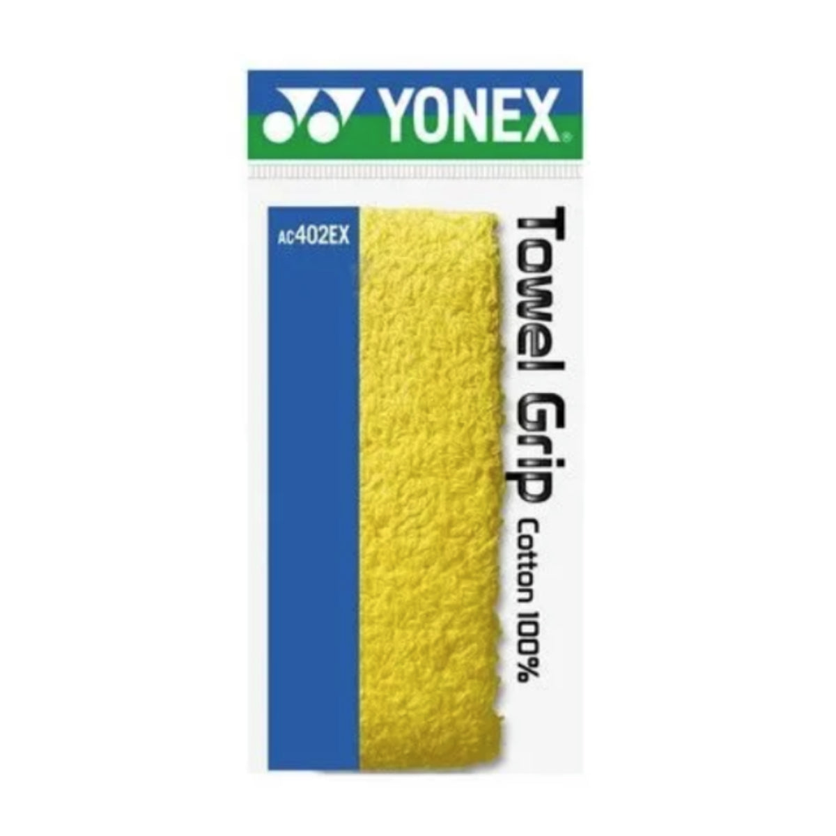 Yonex towel grip with yellow surface and blue border on a white background