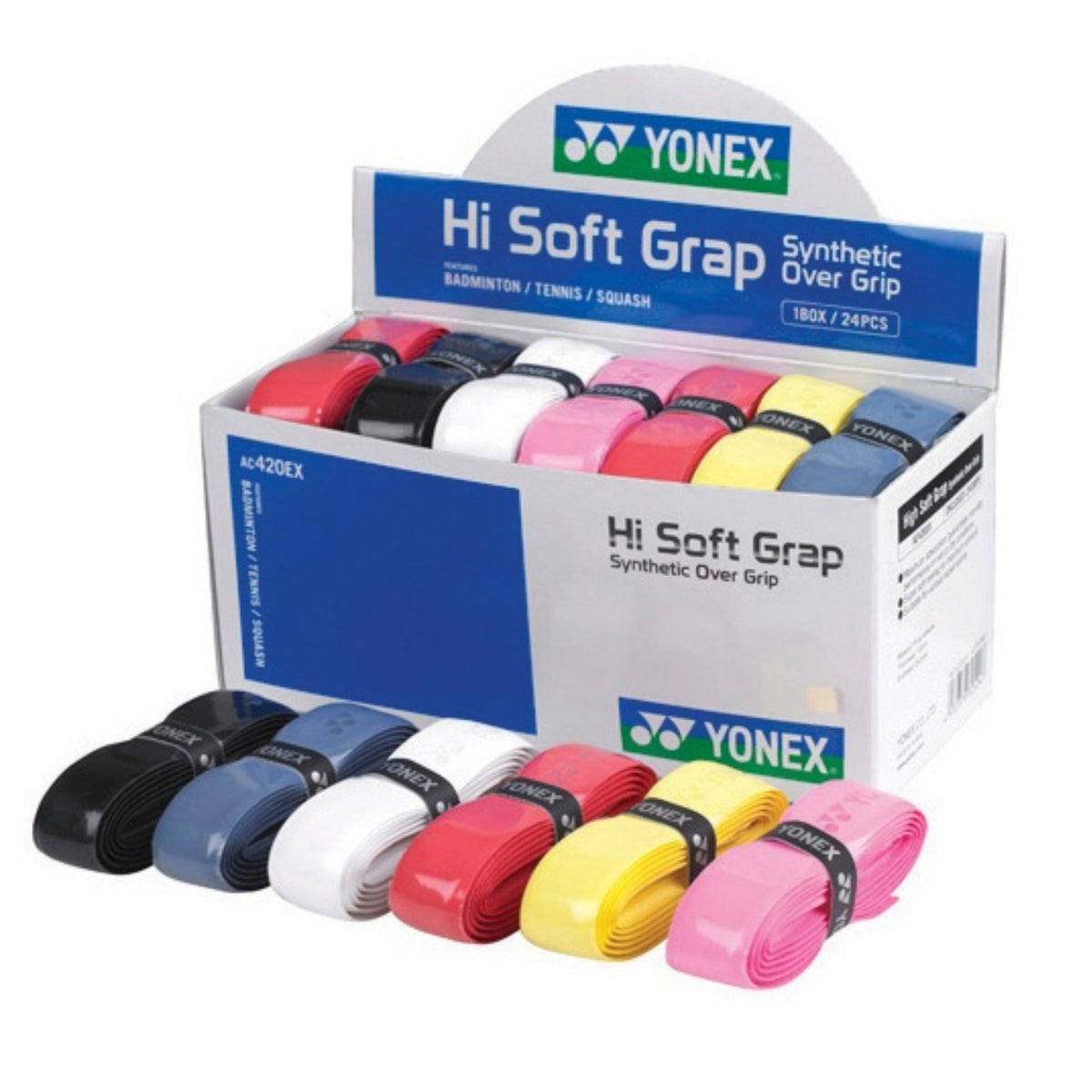 Yonex Hi Soft Grap synthetic overgrips in various colors displayed in a box.