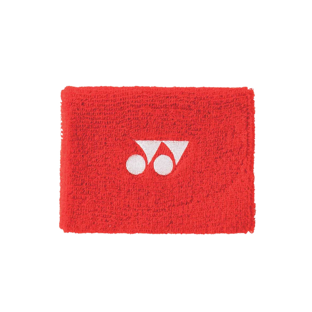 Red wristband with a white logo on a white background