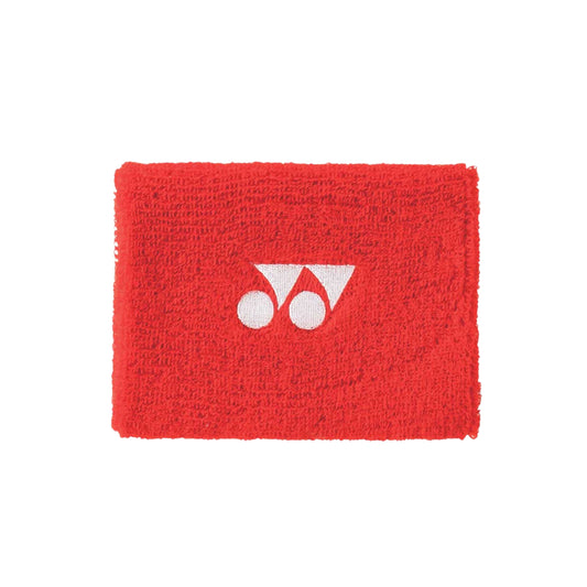 Red wristband with a white logo on a white background