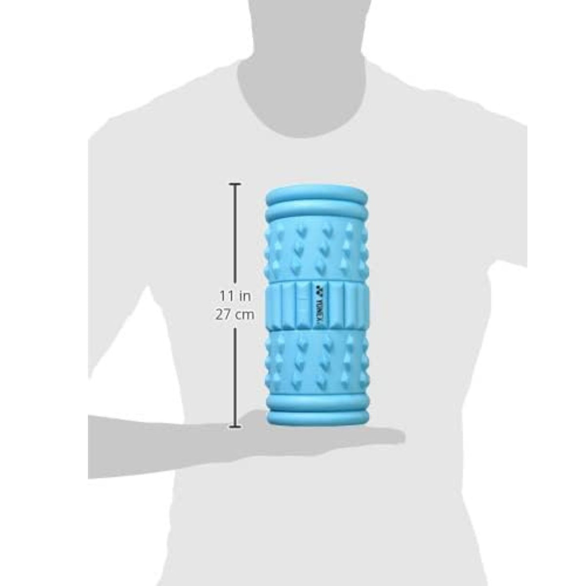 Blue foam roller held by a mannequin with measurement details on a white background