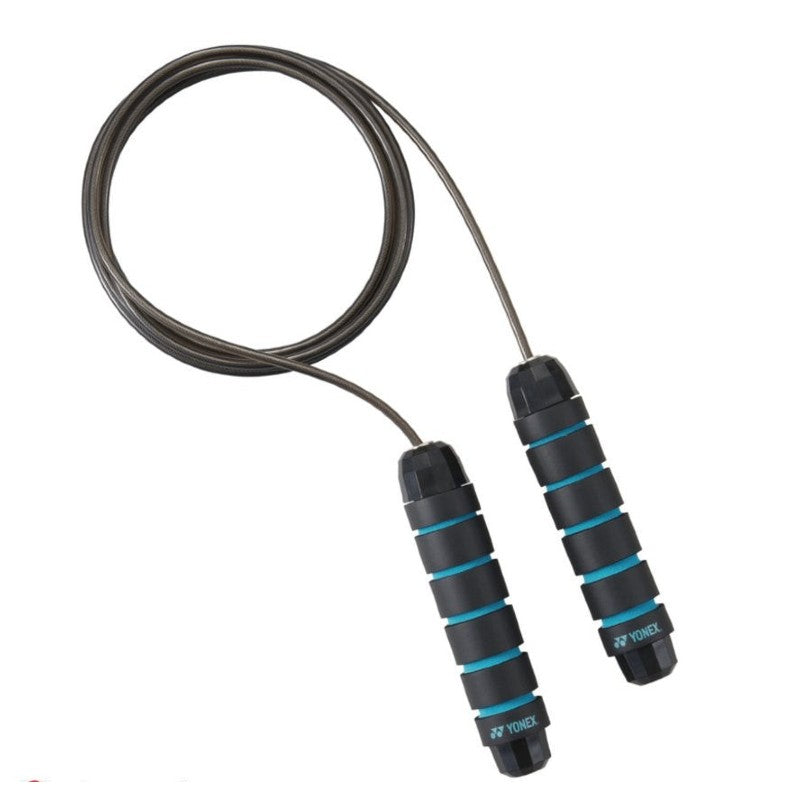 Black and blue Yonex jump rope on a white background