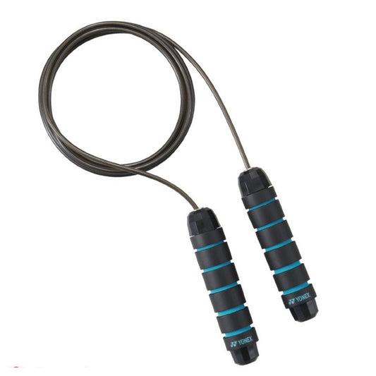 Black and blue Yonex jump rope on a white background