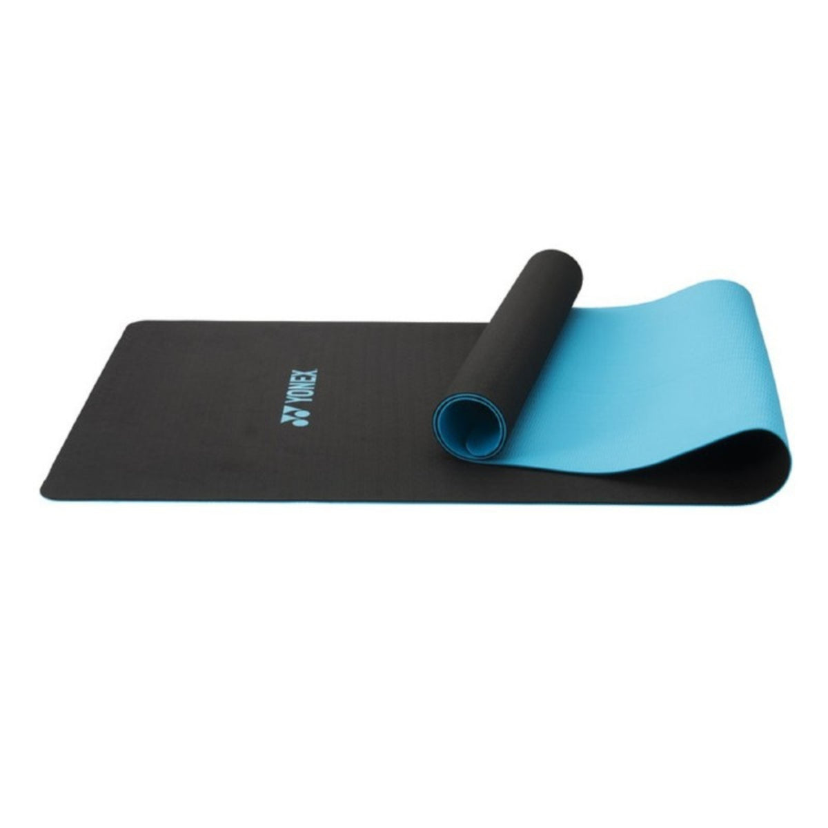 Black and blue yoga mat with a visible brand logo on a white background