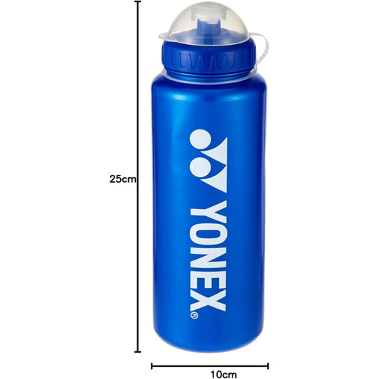 Blue Yonex water bottle with measurements on a white background