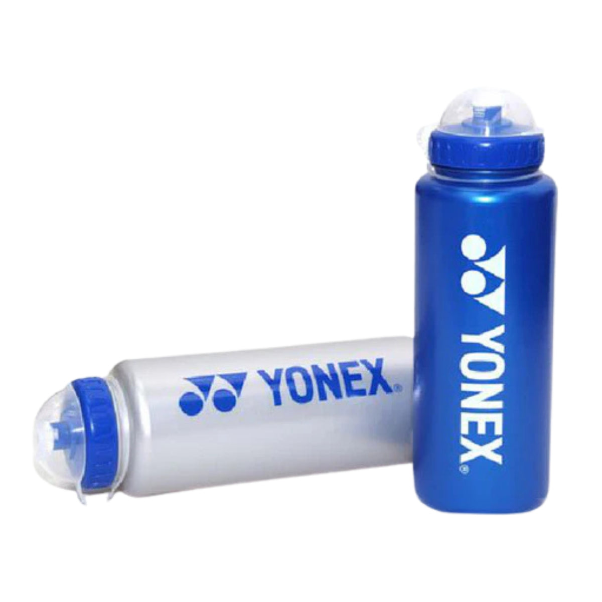 Two Yonex water bottles, one blue and one white with blue accents, on a white background.