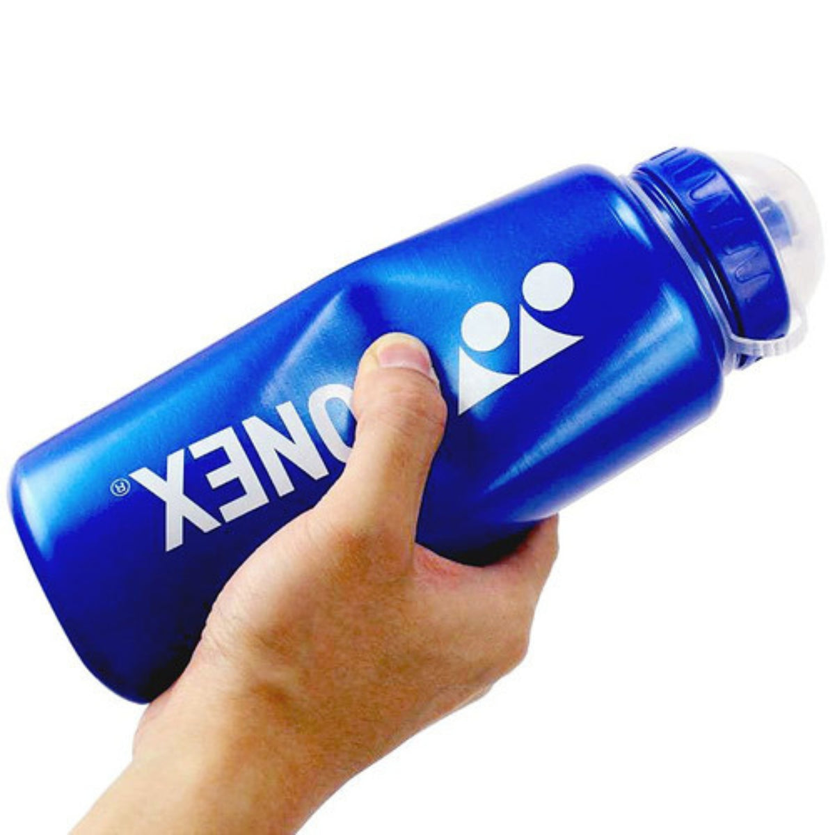 Hand holding a blue YONEX water bottle on a white background