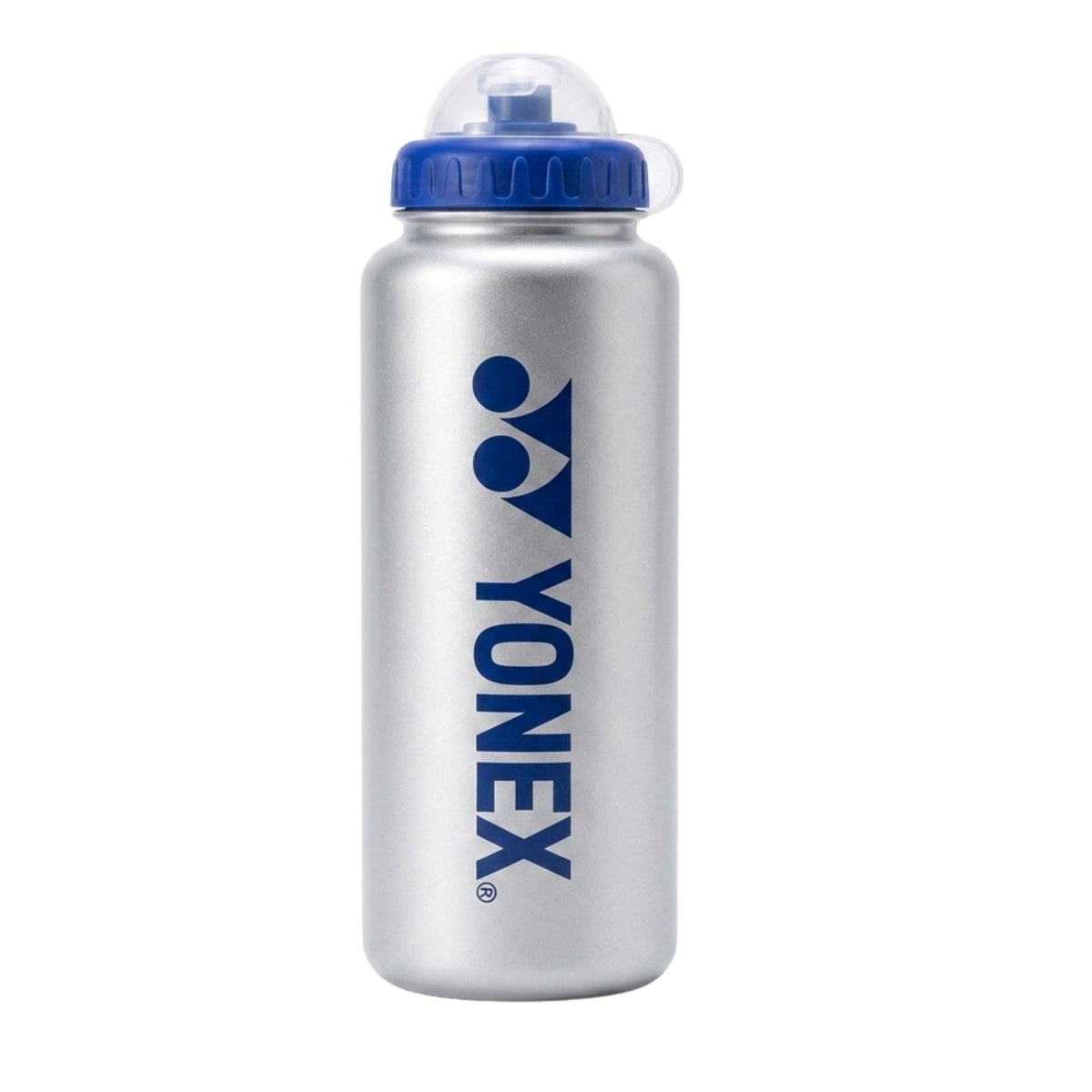 Silver water bottle with blue Yonex logo on a white background