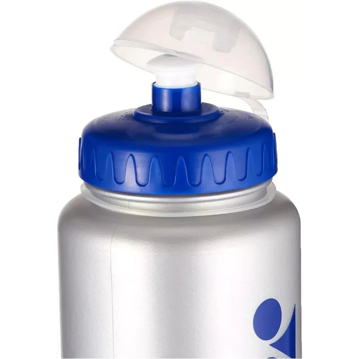 Silver water bottle with a blue cap and white spray nozzle on a white background