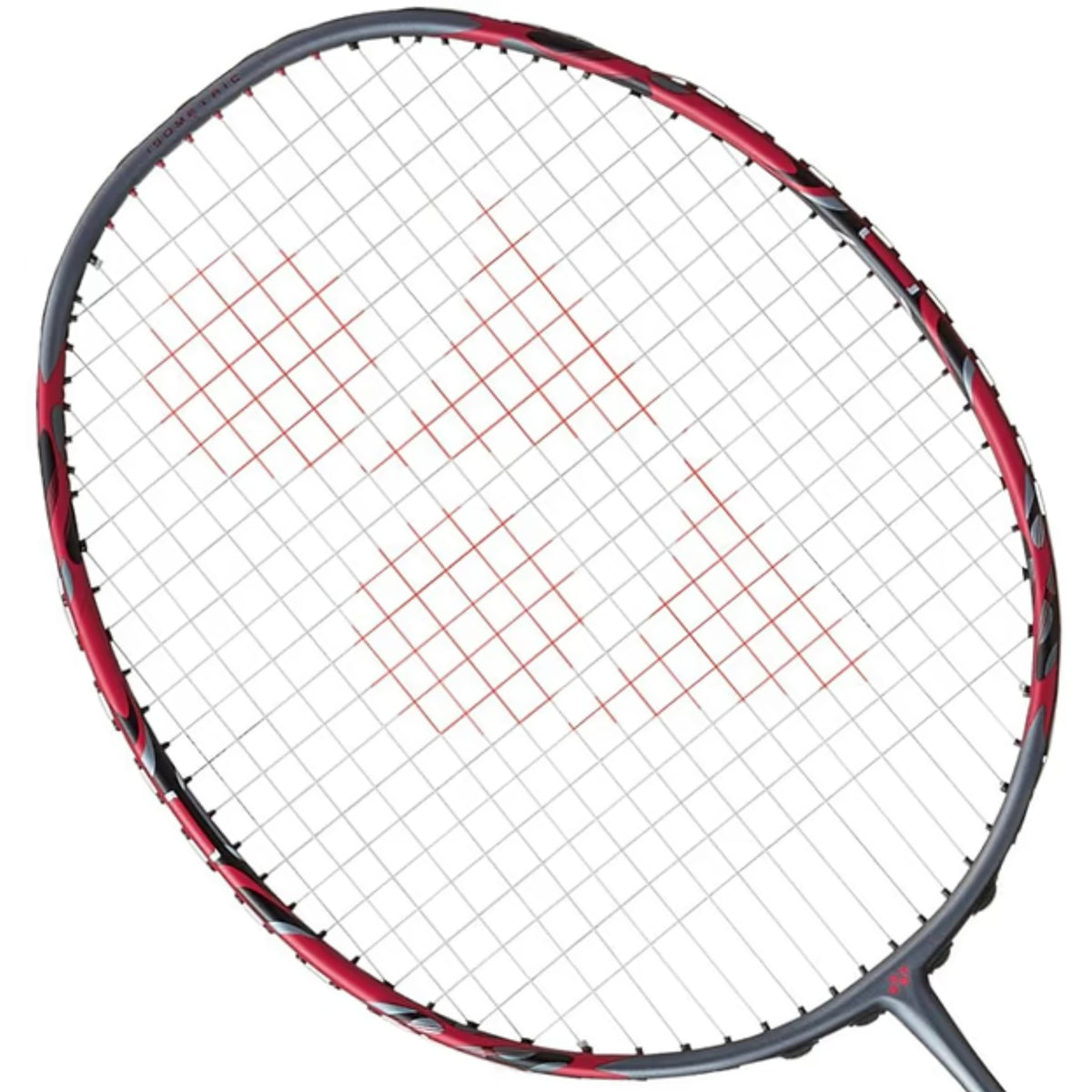 Close-up of a badminton racket with red strings on a white background