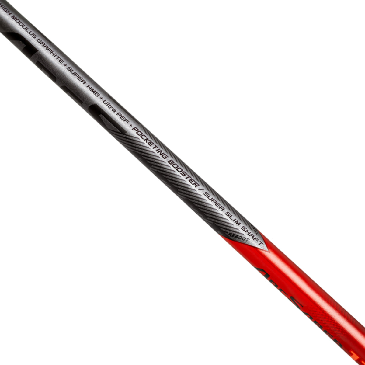 Badminton racket handle with text on a white background