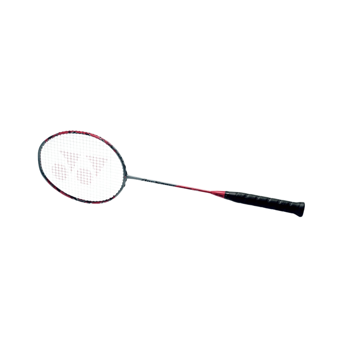 Badminton racket with red and black design on a white background