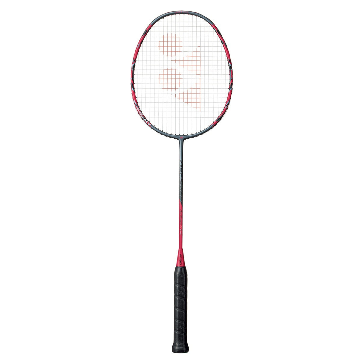 Badminton racket with red and black design on a white background