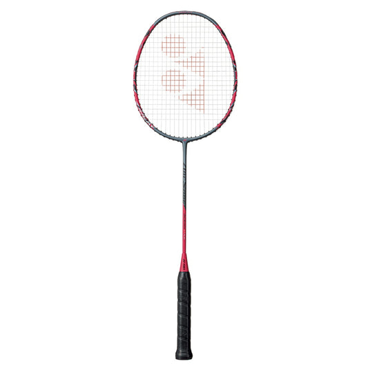 Badminton racket with red and black design on a white background