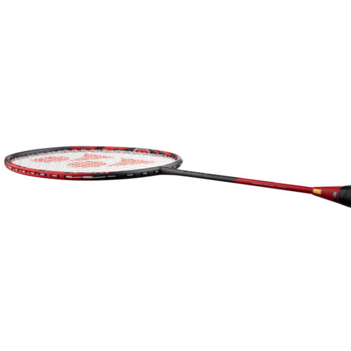 Red and black badminton racket on a white background