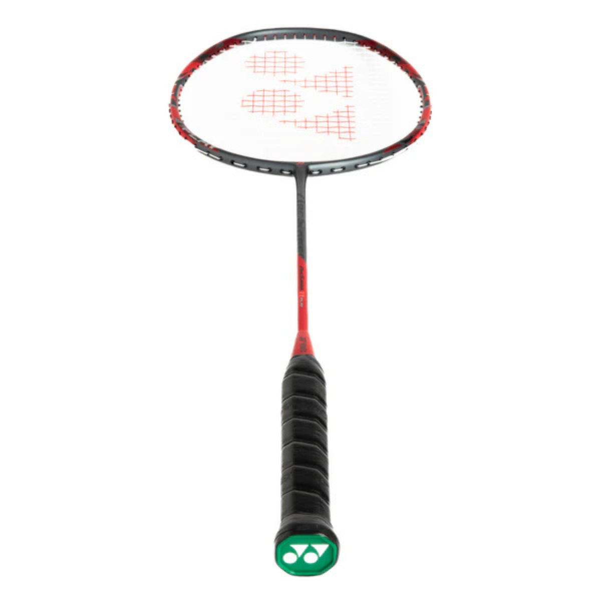 Badminton racket with red and black design on a white background