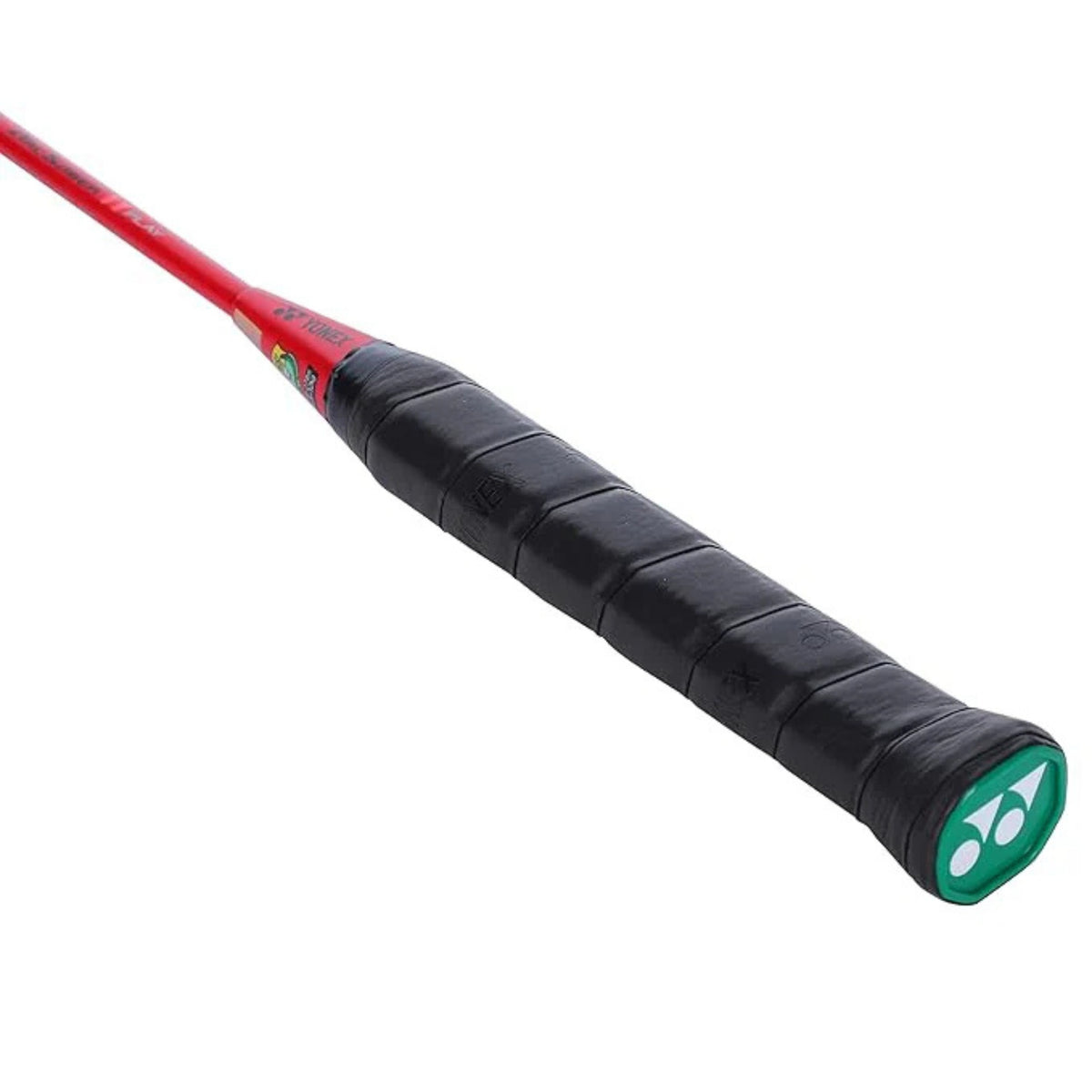 Close-up of a red and black badminton  racket handle with a green brand logo on a white background
