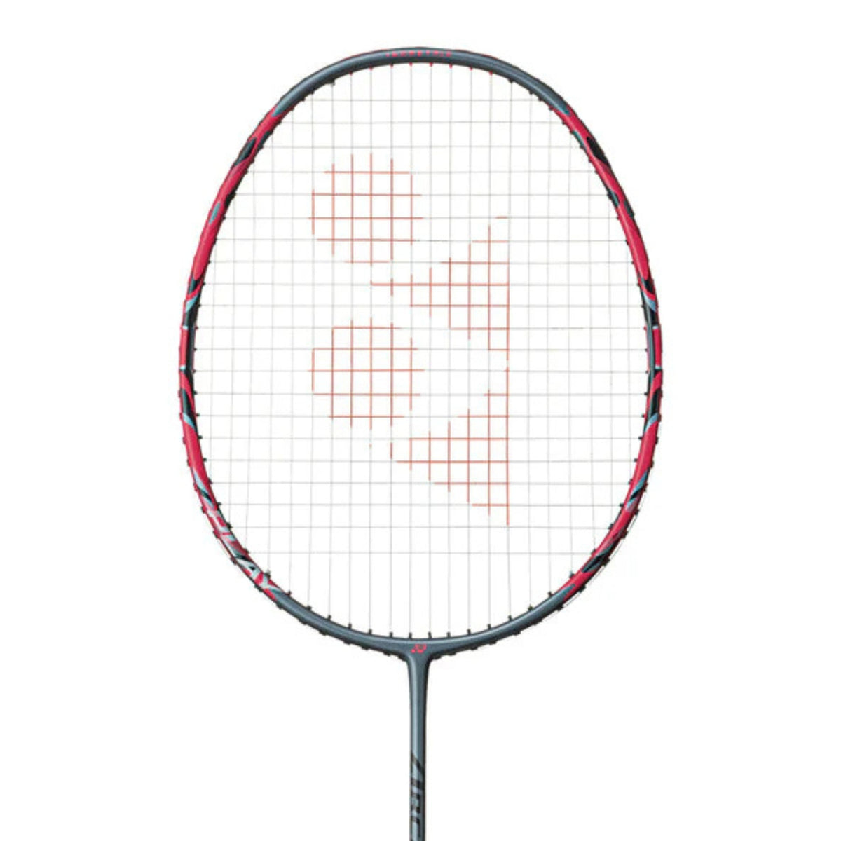 Badminton racket with red and black frame on a white background
