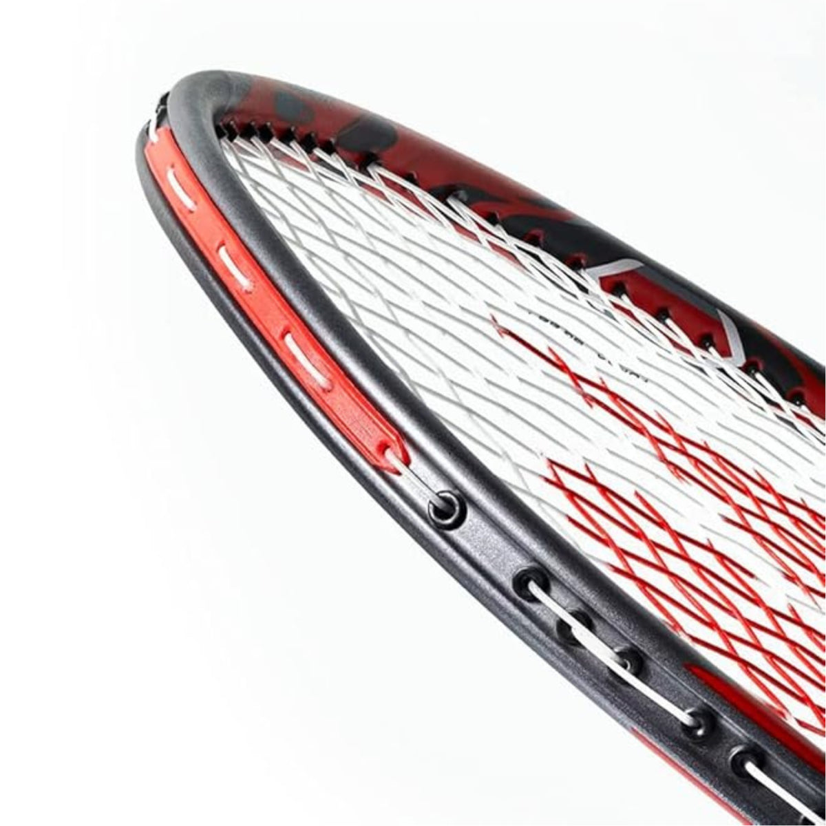 Close-up of a badminton racket with red and black design on a white background