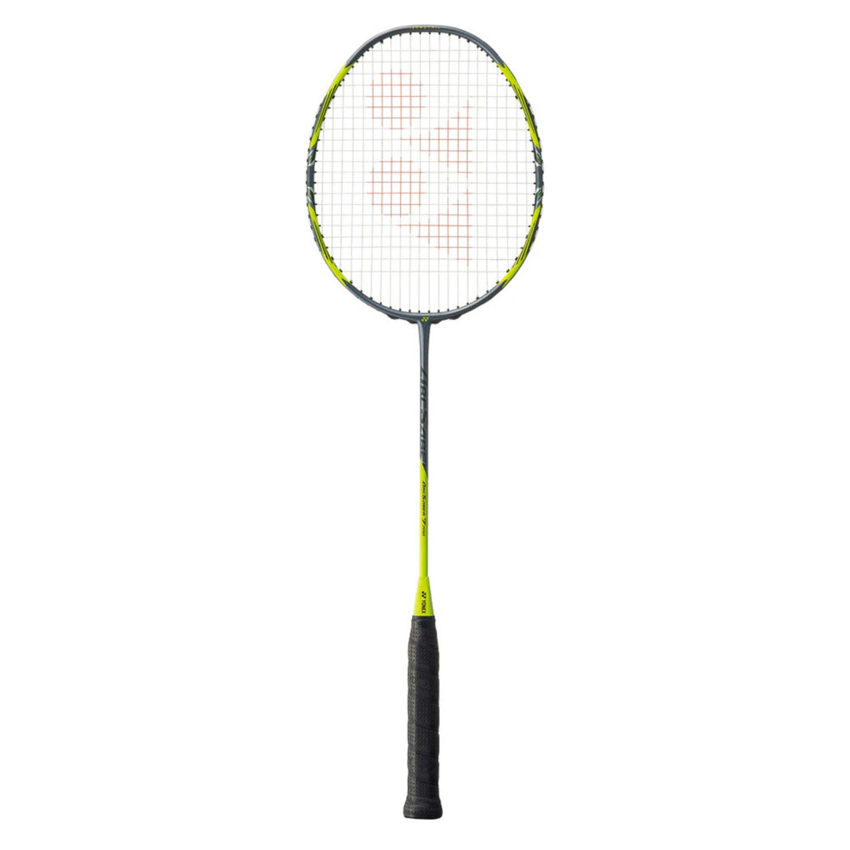 Badminton racket with black and yellow design on a white background