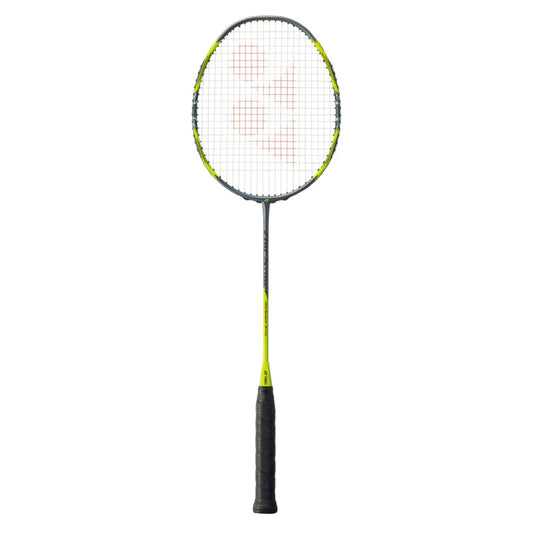 Badminton racket with black and yellow design on a white background