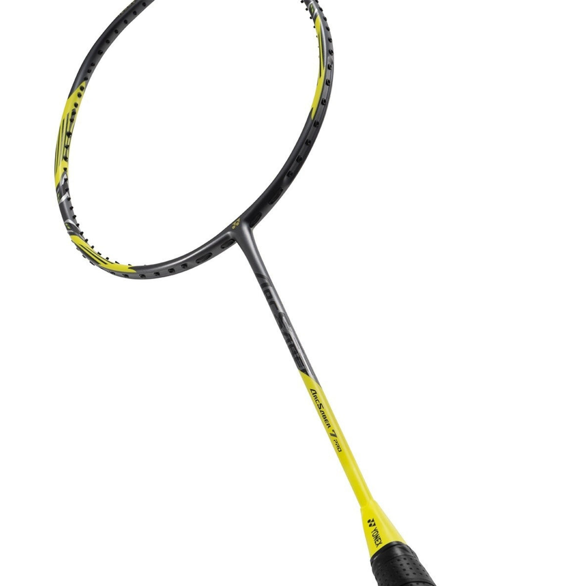 Yellow and black badminton racket on a white background