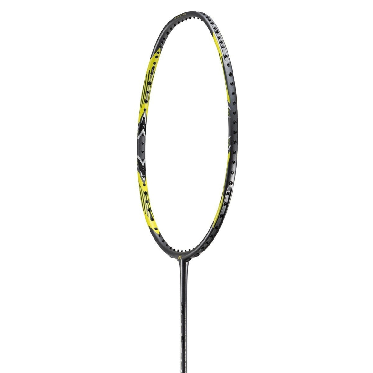 Black and yellow badminton racket on a white background